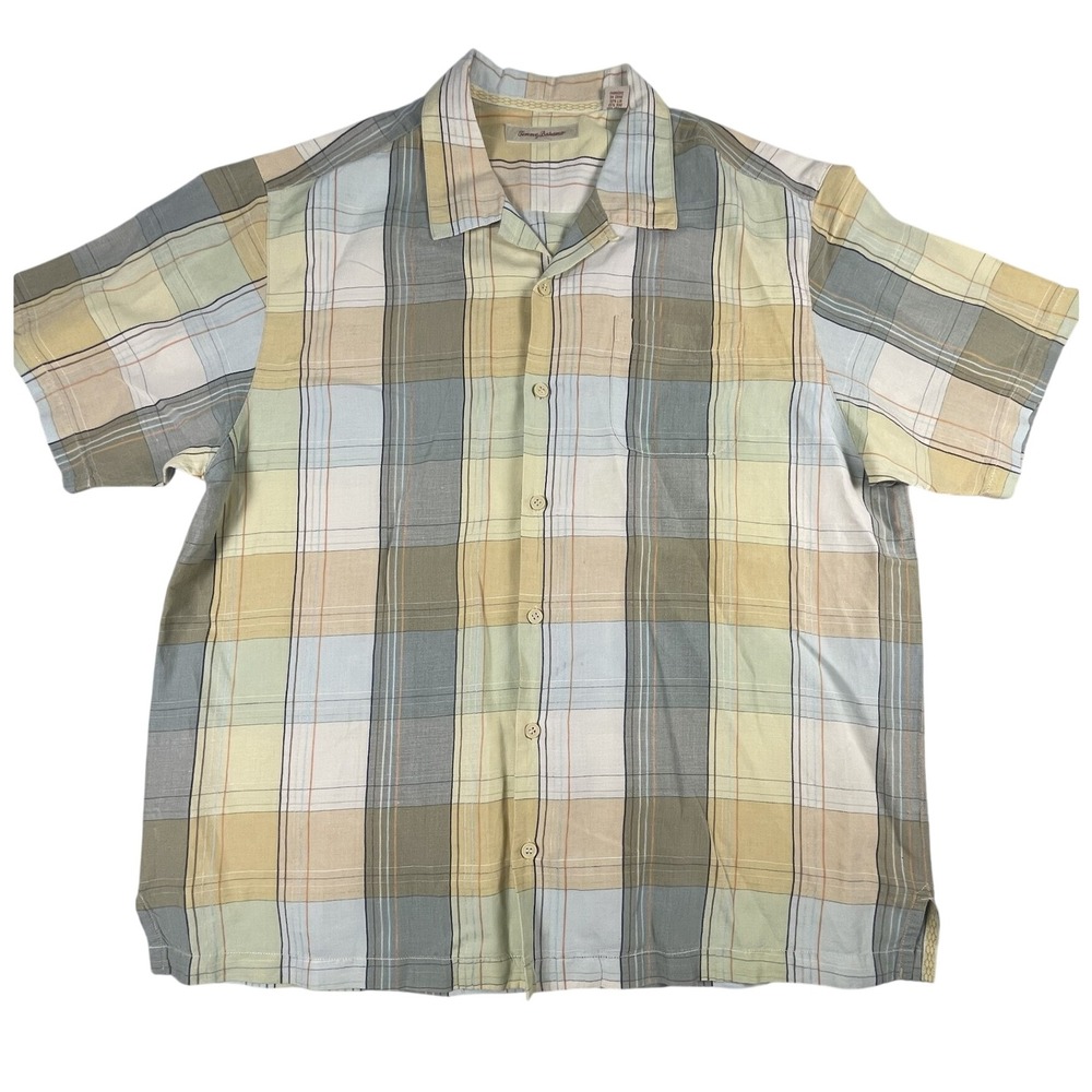 Tommy Bahama Shirt Mens XL Multi Plaid Linen Silk Cotton Short Sleeve Button Up